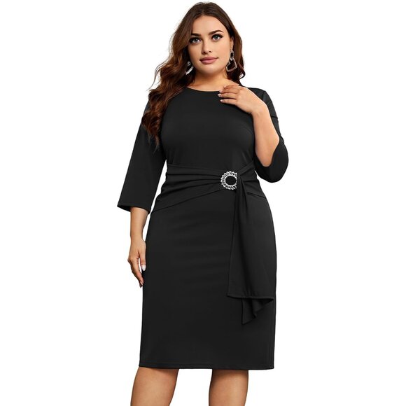 Plus Size Women's 3/4 Sleeve Bodycon Dress with Rhinestones for Business - Picture 1 of 8